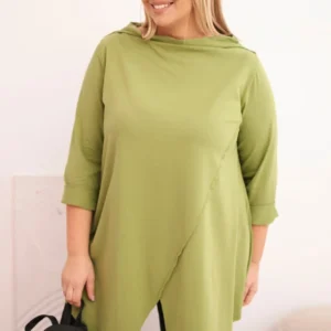 Moteriška medvilninė bluzka Plus Size asimetrinė su pasukamomis rankovėmis oliivinė