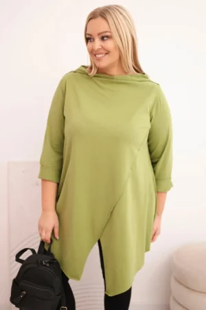 Moteriška medvilninė bluzka Plus Size asimetrinė su pasukamomis rankovėmis oliivinė