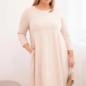 Moteriška medvilninė suknelė Plus Size su pasukamomis rankovėmis ir kišenėmis bežinė