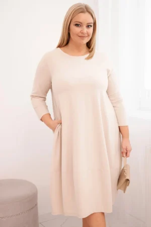 Moteriška medvilninė suknelė Plus Size su pasukamomis rankovėmis ir kišenėmis bežinė