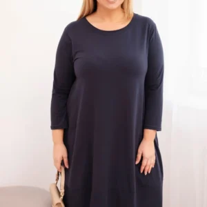 Moteriška medvilninė suknelė Plus Size su sukamu rankoviu ir kišenėmis