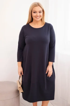 Moteriška medvilninė suknelė Plus Size su sukamu rankoviu ir kišenėmis