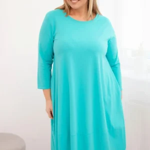 Moteriška medvilninė suknelė Plus Size su užlenktais rankovėmis ir kišenėmis