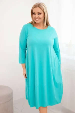 Moteriška medvilninė suknelė Plus Size su užlenktais rankovėmis ir kišenėmis
