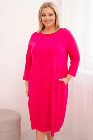 Moteriška medvilninė suknelė Plus Size su pasukamomis rankovėmis ir kišenėmis