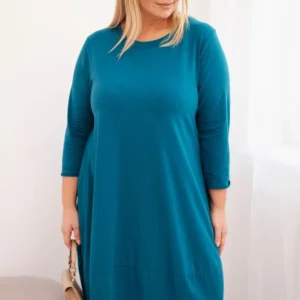 Moteriška medvilninė suknelė Plus Size su rankovėmis, kurie gali būti pasukti ir kišenėmis