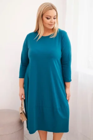 Moteriška medvilninė suknelė Plus Size su rankovėmis, kurie gali būti pasukti ir kišenėmis