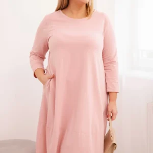 Moteriška medvilninė suknelė Plus Size su pasukamais rankovėmis ir kišenėmis