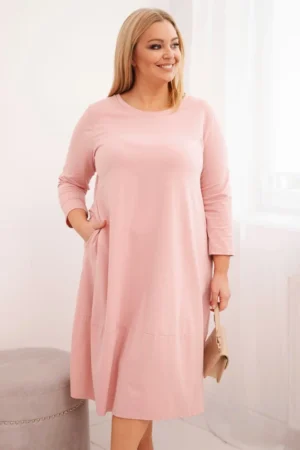 Moteriška medvilninė suknelė Plus Size su pasukamais rankovėmis ir kišenėmis
