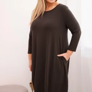 Moteriška medvilninė suknelė Plus Size su kilpiniu rankoviu ir kišenėmis