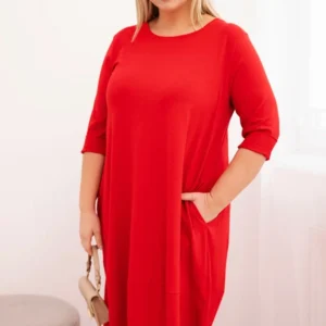 Moteriška medvilninė suknelė Plus Size su pasukamais rankovėmis ir kišenėmis