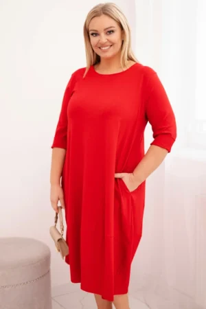 Moteriška medvilninė suknelė Plus Size su pasukamais rankovėmis ir kišenėmis