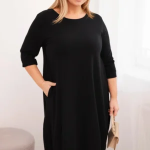 Moteriška medvilninė suknelė Plus Size su pasukamomis rankovėmis ir kišenėmis
