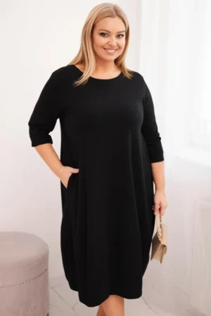 Moteriška medvilninė suknelė Plus Size su pasukamomis rankovėmis ir kišenėmis