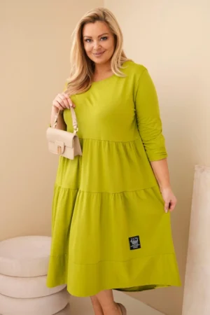 Moteriška medvilninė suknelė Plus Size su volanais ir apvyniotais rankovėmis pistacijų