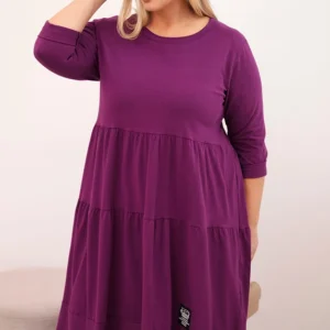 Moteriška medvilninė Plus Size suknelė su volanais ir apverstomis rankovėmis tamsiai