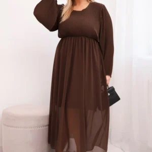 Moteriška plisuota suknelė Plus Size iš viskozės su ilgomis rankovėmis