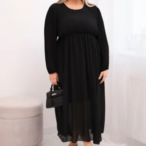 Plisuota moteriška suknelė Plus Size iš viskozės su ilgomis rankovėmis