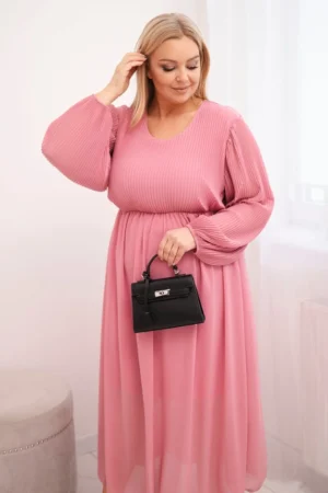 Moteriška plisuota suknelė Plus Size iš viskozės su ilgomis rankovėmis tamsi