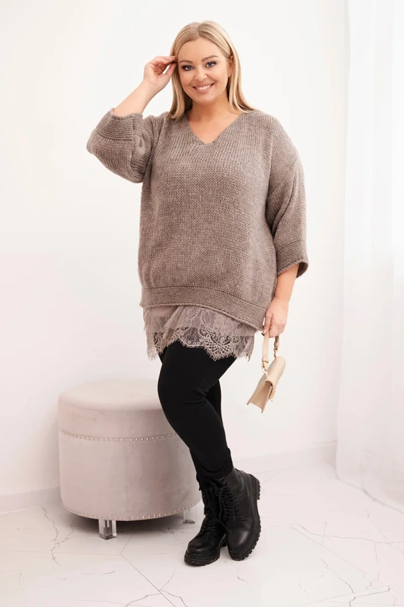 36842_1 Moteriškas su V formos iškirpte megztinis ir šilko bluzon su nėriniu apačioje fango - Image 2