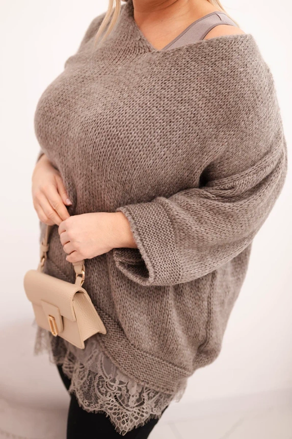 36842_3 Moteriškas su V formos iškirpte megztinis ir šilko bluzon su nėriniu apačioje fango - Image 4