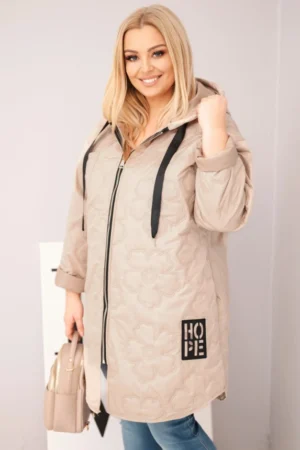 Moteriška Plus Size pūkinė striukė su gobtuvu ir užrašu HOPE tamsiai