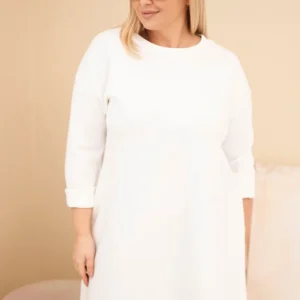 Moteriška Plus Size suknelė iš viskozės laisvo silueto su ilgomis rankovėmis ecru
