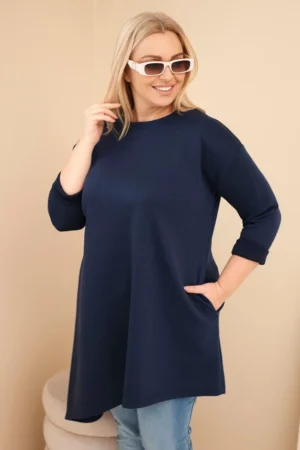 Moteriška suknelė Plus Size iš viskozės su laisvu siluetu ir ilgomis rankovėmis granatinė
