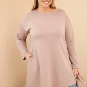 Moteriška Plus Size suknelė iš viskozės su laisvu kirpimu ir ilgomis rankovėmis fango