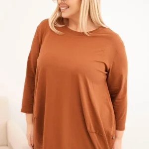 Moteriška Plus Size medvilninė bluzka su dekoratyviniais mygtukais ir pasukamomis rankovėmis camelinė