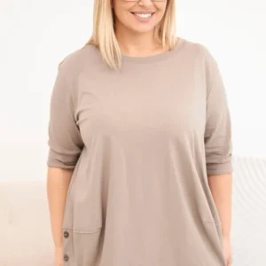 Moteriška Plus Size medvilninė palaidinė su dekoratyvinėmis mygtukais ir atlenkiamomis rankovėmis fango