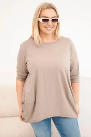 Moteriška Plus Size medvilninė palaidinė su dekoratyvinėmis mygtukais ir atlenkiamomis rankovėmis fango