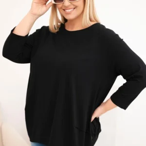 Moteriška Plus Size medvilninė palaidinė su dekoratyvinėmis sagomis ir pasukamomis rankovėmis