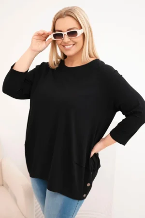 Moteriška Plus Size medvilninė palaidinė su dekoratyvinėmis sagomis ir pasukamomis rankovėmis
