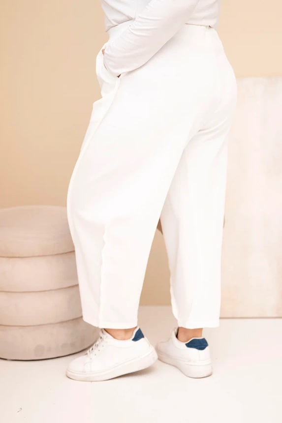 36935_2 Moteriškos medvilninės Plus Size kelnės laisvo kirpimo su aukštu liemeniu ecru - Image 3