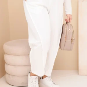 Moteriškos medvilninės Plus Size kelnės laisvo kirpimo su aukštu liemeniu ecru