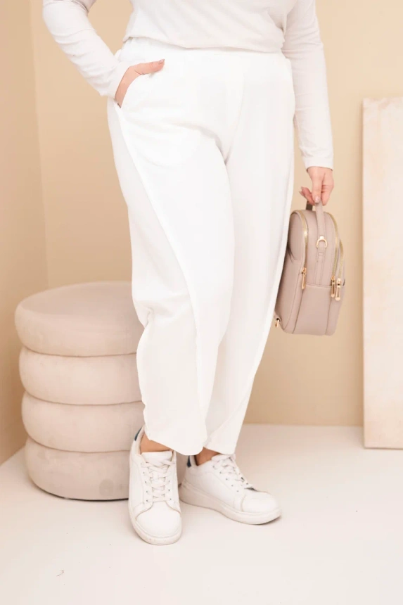 36935_4 Moteriškos medvilninės Plus Size kelnės laisvo kirpimo su aukštu liemeniu ecru