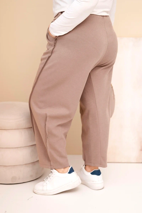 36940_2 Moteriškos medvilninės kelnės Plus Size laisvo kirpimo aukštu liemeniu fango - Image 3