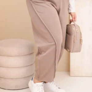 Moteriškos medvilninės kelnės Plus Size laisvo kirpimo aukštu liemeniu fango