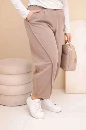 Moteriškos medvilninės kelnės Plus Size laisvo kirpimo aukštu liemeniu fango