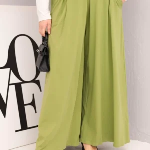 Moteriškos medvilninės Plus Size kelnės su plačiais kojomis ir laisvu siluetu pistacijų