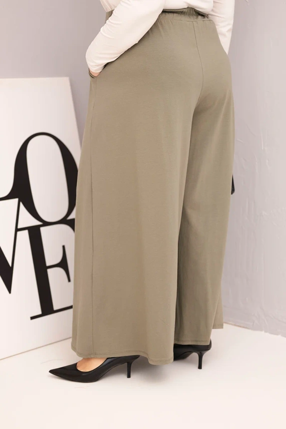 36943_2 Moteriškos medvilnės kelnes Plus Size su plačia kojų dalimi ir laisvu siluetu khaki - Image 3