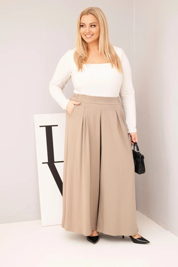 36949_1 Moteriškos medvilnės kelnes Plus Size su plačiomis kojomis ir laisvu kirpimu fango - Image 2