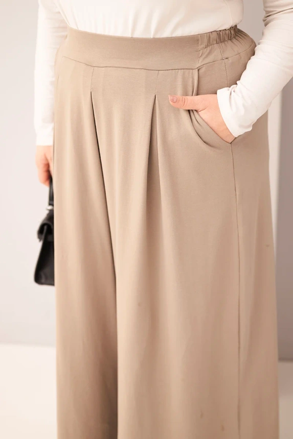 36949_3 Moteriškos medvilnės kelnes Plus Size su plačiomis kojomis ir laisvu kirpimu fango - Image 4