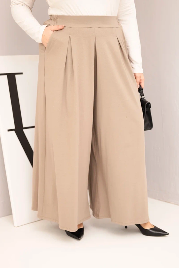 36949_4 Moteriškos medvilnės kelnes Plus Size su plačiomis kojomis ir laisvu kirpimu fango