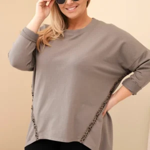 Moteriška bluzonė Plus Size medvilninė su pasukamomis rankovėmis ir leopardiniu apdailos juostele fango