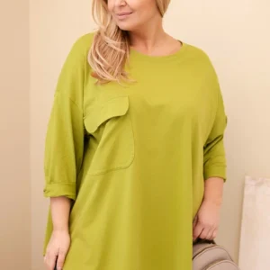 Moteriška Plus Size marškiniai su kišene ir rankovėmis, sukabintais oliivinė