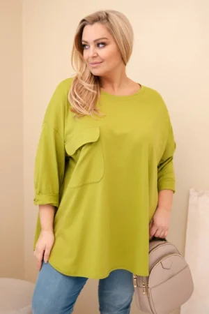 Moteriška Plus Size marškiniai su kišene ir rankovėmis, sukabintais oliivinė