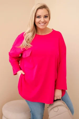 Moteriška Plus Size marškinėliai su medvilne, kišenė ir pasukama rankovė
