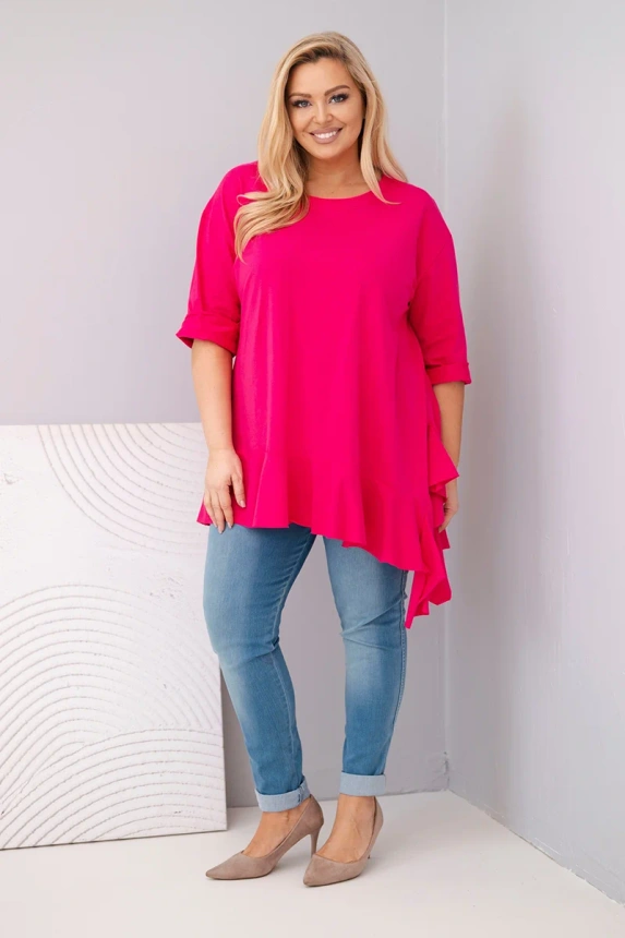 37073_1 Moteriška Plus Size marškinėliai su medvilne, raukšlėmis ir sukamu rankovėmis - Image 2